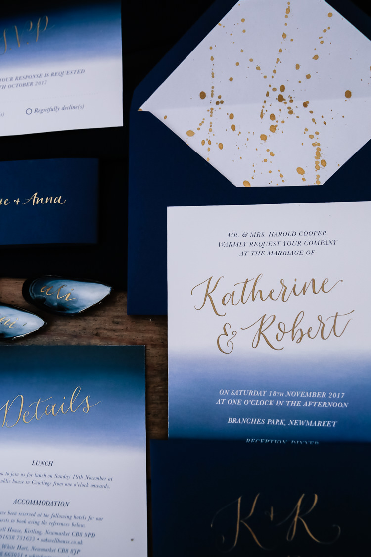 Watercolour Stationery Invites Invitations Calligraphy Magical Fairy Lit Blue Gold Winter Wedding Ideas https://sarahbrookesphotography.com/