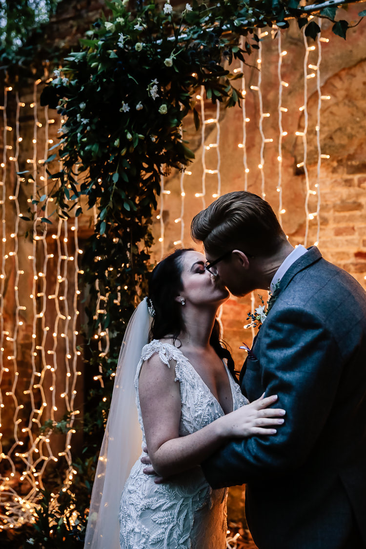 Backdrop Flowers Lighting Decor Arch Arbour Magical Fairy Lit Blue Gold Winter Wedding Ideas https://sarahbrookesphotography.com/