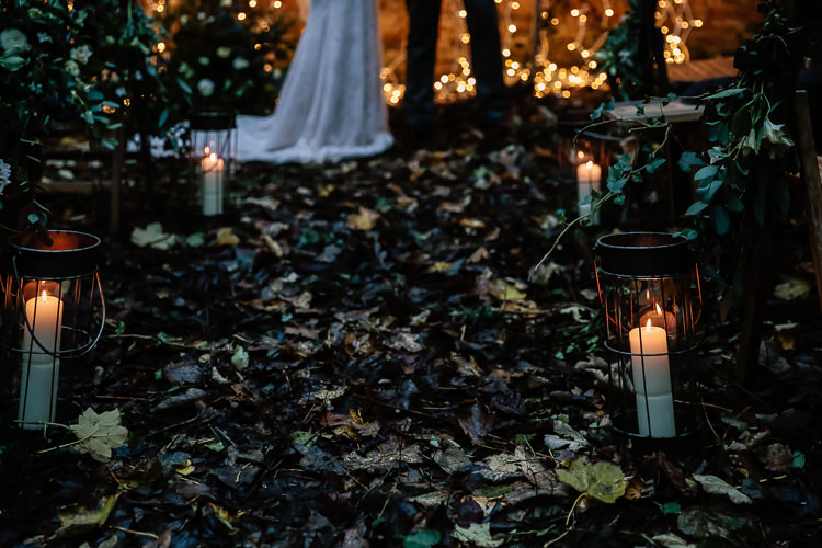 Candles Aisle Magical Fairy Lit Blue Gold Winter Wedding Ideas https://sarahbrookesphotography.com/