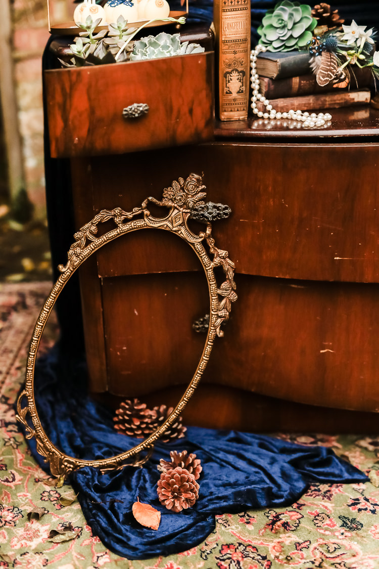 Cake Dessert Table Dresser Furniture Table Decor Details Magical Fairy Lit Blue Gold Winter Wedding Ideas https://sarahbrookesphotography.com/