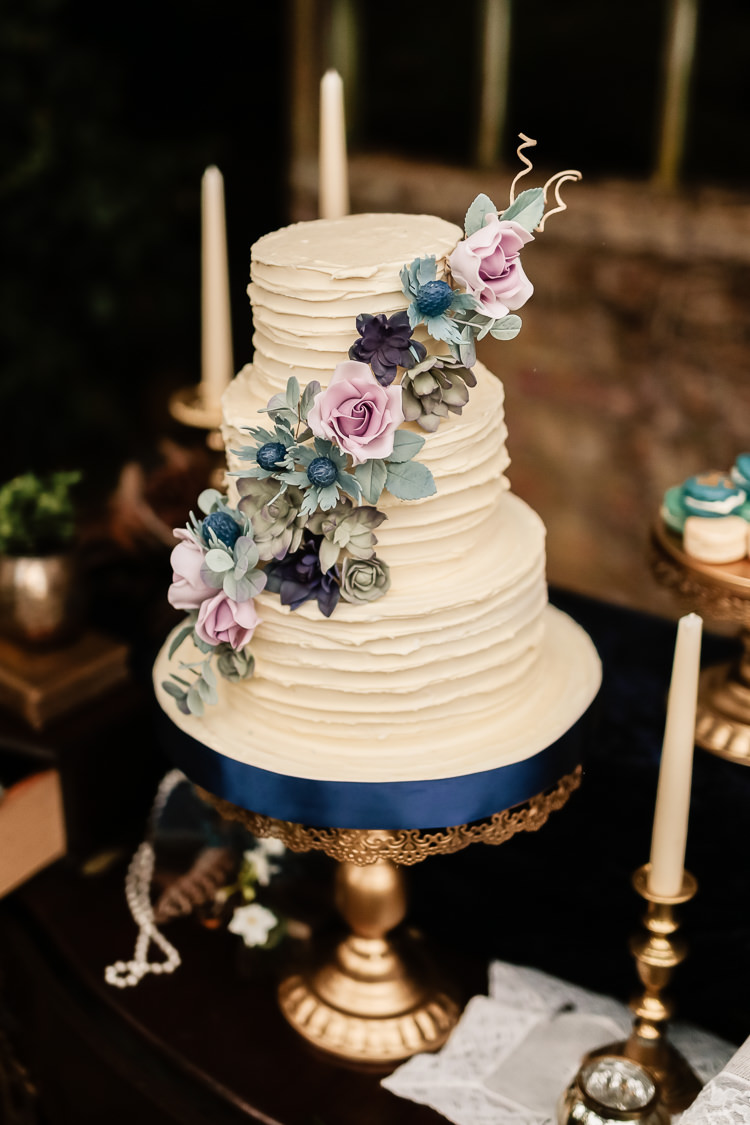 Rustic Buttercream Cake Flowers Magical Fairy Lit Blue Gold Winter Wedding Ideas https://sarahbrookesphotography.com/
