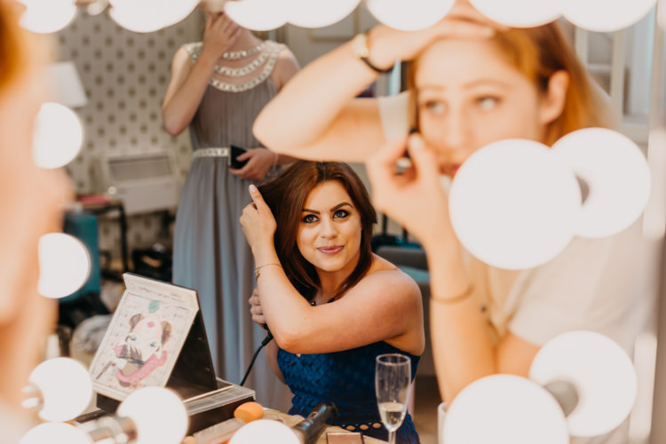 Bridesmaids Morning Prep Photo Fun Mirror Grey Dresses | Rustic Relaxed Cornflower Blue Barn Wedding http://www.peterhugophotography.com/