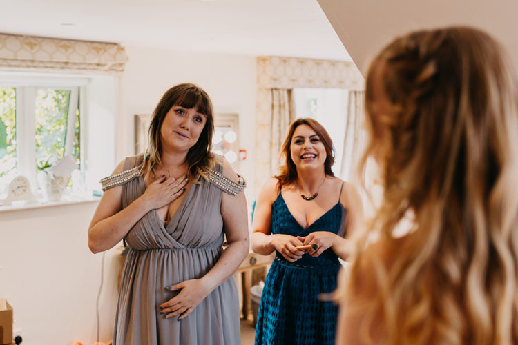 Bridesmaids Bride First Look Emotional Happy Grey Dress | Rustic Relaxed Cornflower Blue Barn Wedding http://www.peterhugophotography.com/