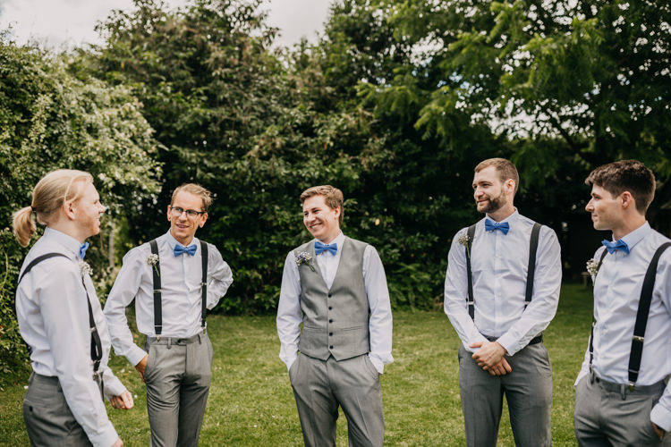 Groom Groomsmen Bowties Braces Suspenders Grey Suits Informal | Rustic Relaxed Cornflower Blue Barn Wedding http://www.peterhugophotography.com/