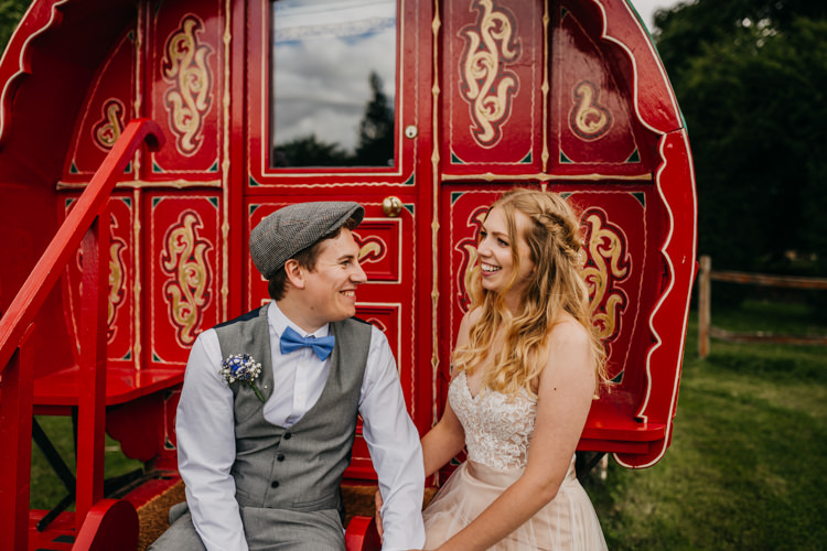 Caravan Authentic Red Outdoor Farm Field Woodland Bride Groom | Rustic Relaxed Cornflower Blue Barn Wedding http://www.peterhugophotography.com/