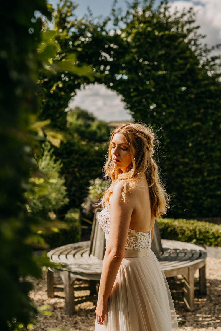 Bride Sunlight Garden Countryside Woodland Rose Gold Watters Dress | Rustic Relaxed Cornflower Blue Barn Wedding http://www.peterhugophotography.com/