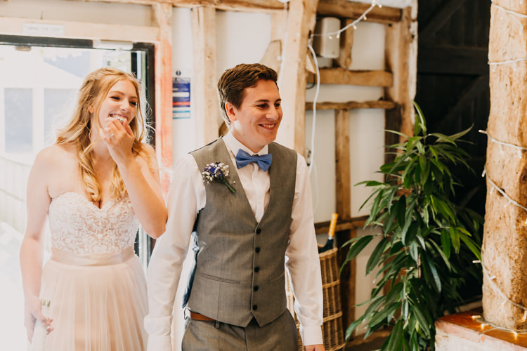 Bride Groom Reception Wedding Breakfast Informal Wooden Beams | Rustic Relaxed Cornflower Blue Barn Wedding http://www.peterhugophotography.com/