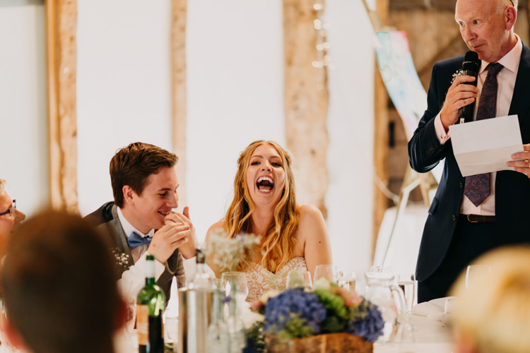 Bride Groom Speeches Father Funny Laughing Informal Decor | Rustic Relaxed Cornflower Blue Barn Wedding http://www.peterhugophotography.com/