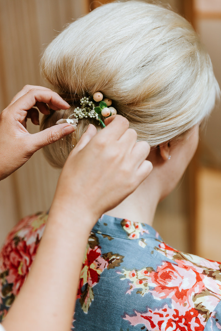 Bridesmaid Updos Fresh Flowers Pink White Hair Styling | Glitter Dinosaurs City Wedding https://struvephotography.co.uk/