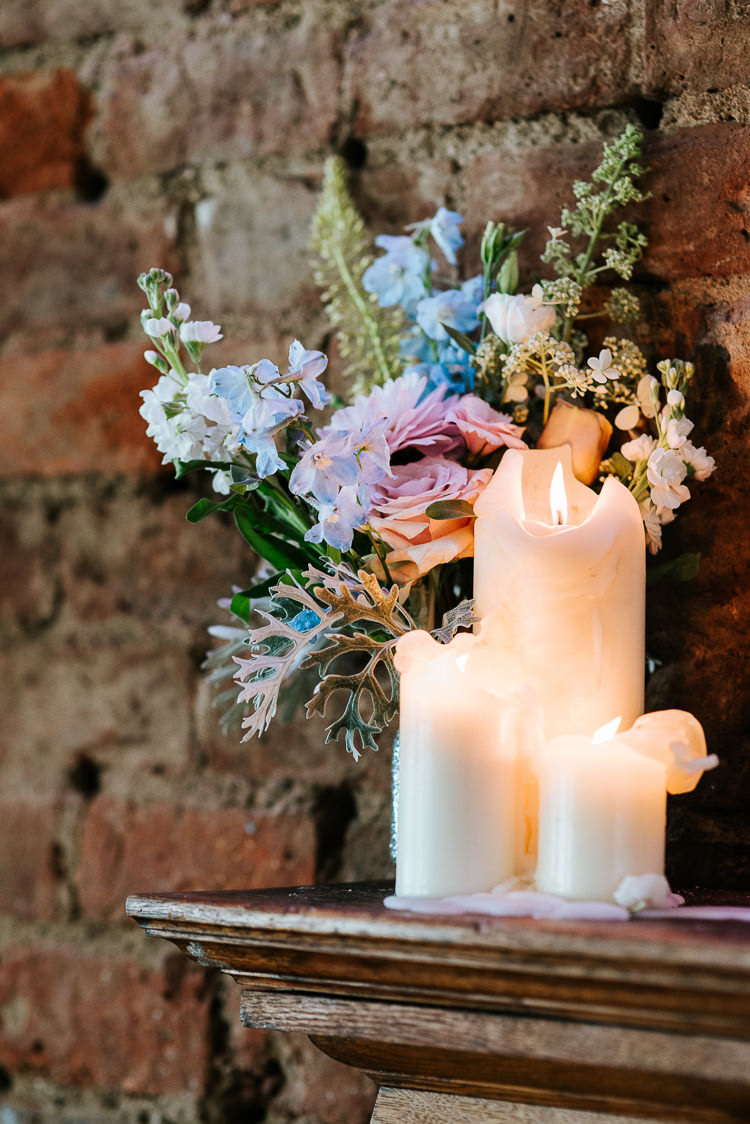 Pastel Wildflower Decor Candles Urban Styling Colorful | Glitter Dinosaurs City Wedding https://struvephotography.co.uk/