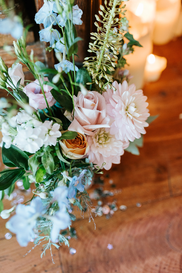 Pastel Flower Arrangements Decor Candles Romantic Decor Pink Blue | Glitter Dinosaurs City Wedding https://struvephotography.co.uk/