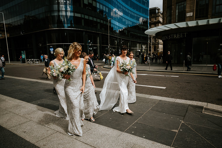 Bride Bridesmaids Street Glasgow Edinburgh Relaxed Informal Fun | Glitter Dinosaurs City Wedding https://struvephotography.co.uk/