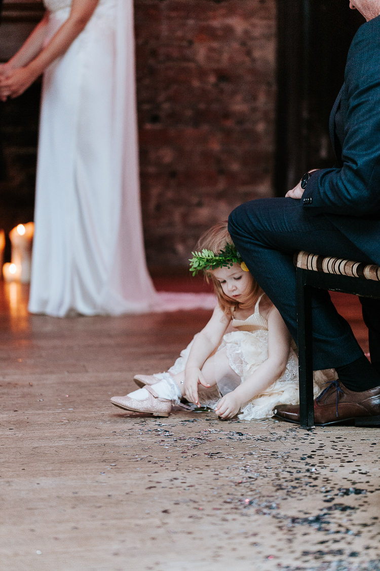 Adorable Cute Flower Girl Crown Floor Glitter Ceremony Aisle | Glitter Dinosaurs City Wedding https://struvephotography.co.uk/