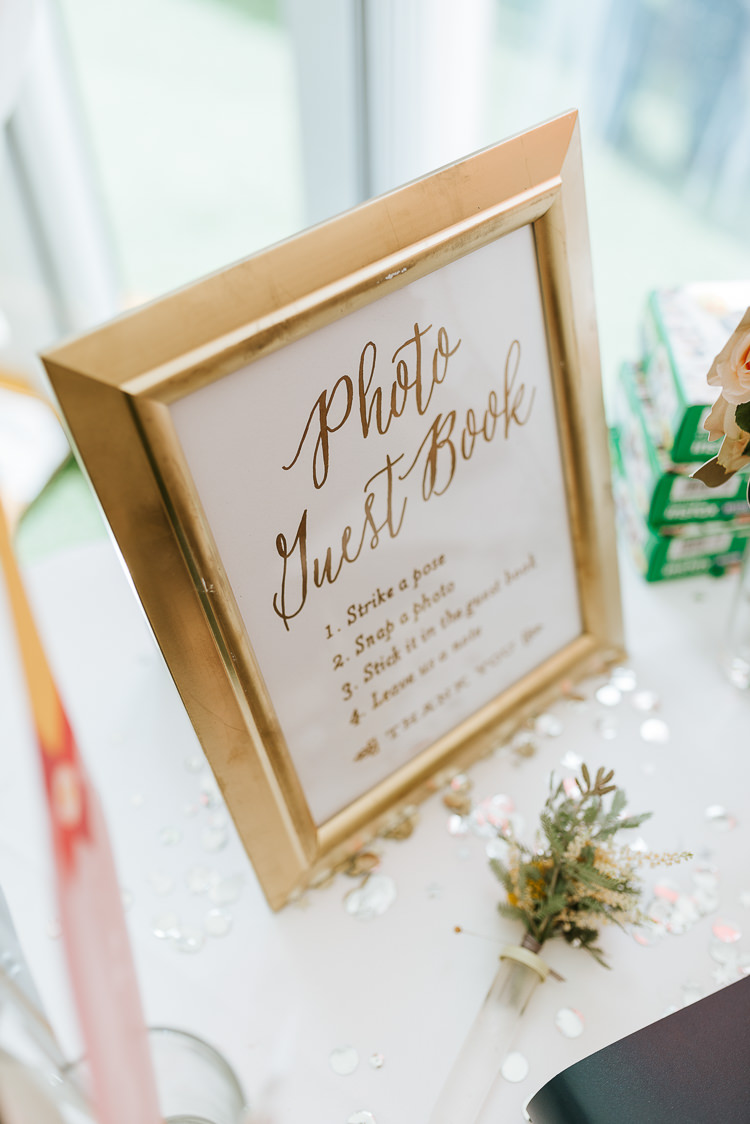 Photo Guest Book Polaroid Sign Gold Frame Glitter Decor | Glitter Dinosaurs City Wedding https://struvephotography.co.uk/