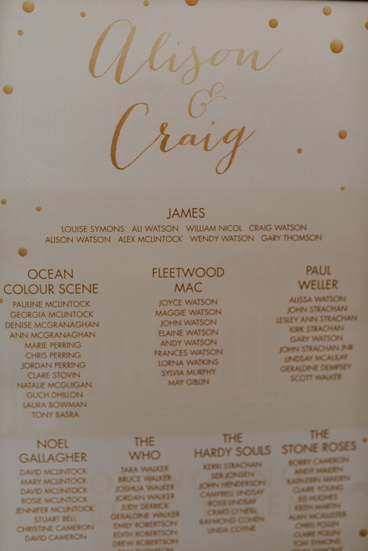 Bride Groom Gold Glitter Table Plan Chart Music Theme | Glitter Dinosaurs City Wedding https://struvephotography.co.uk/