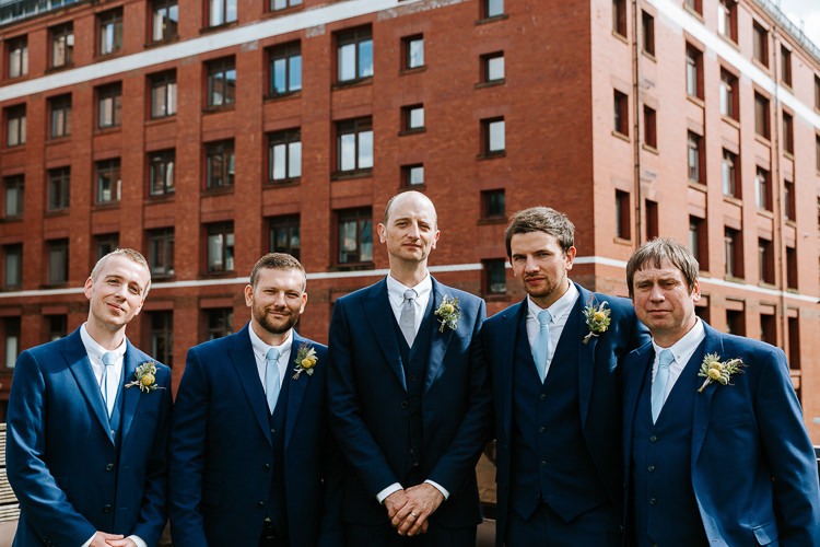 Groom Groomsmen City Group Photo Blue Navy Suits Buttonhole | Glitter Dinosaurs City Wedding https://struvephotography.co.uk/
