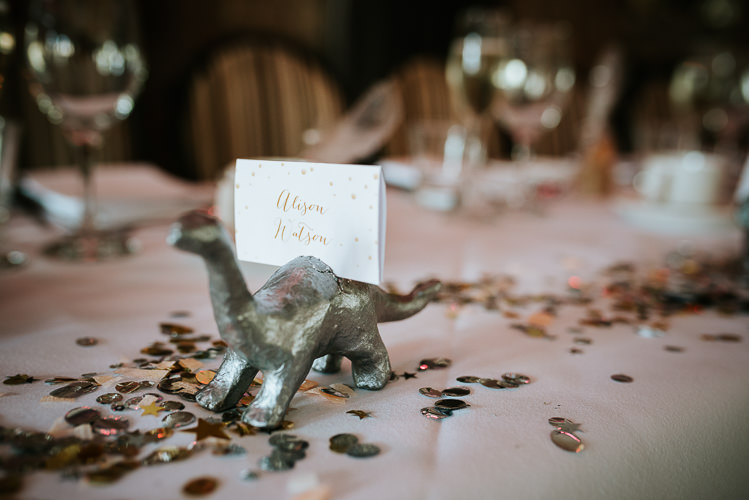 Dinosaur Themed Place Card Holders Escort Cards Glitter Fun Quirky | Glitter Dinosaurs City Wedding https://struvephotography.co.uk/