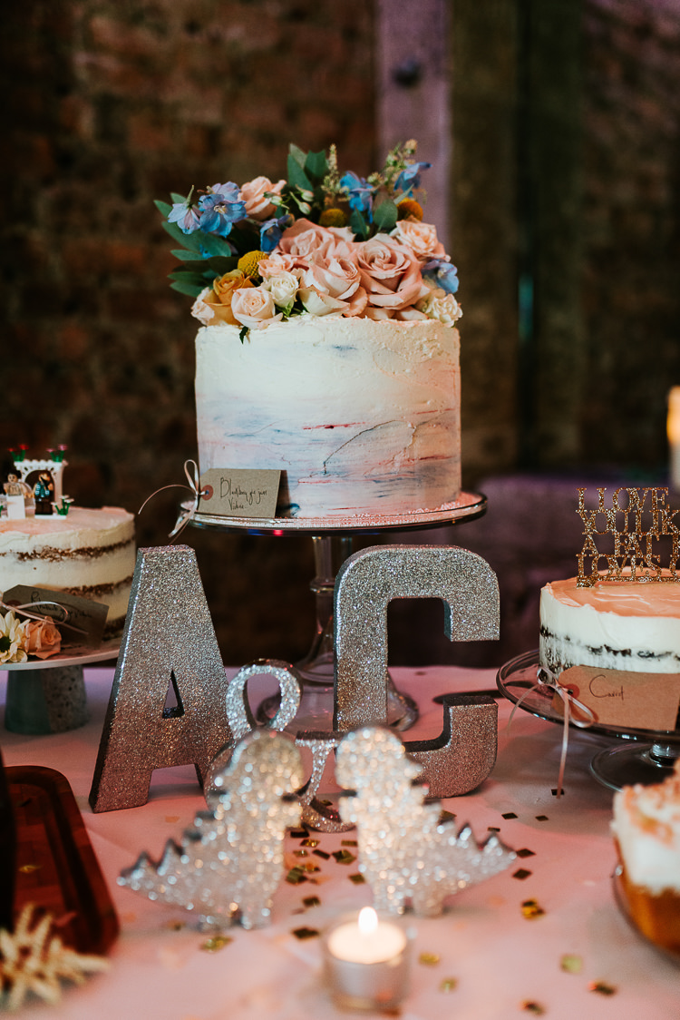 Wedding Cakes Dessert Table Fresh Flowers Toppers Gold Glitter Letters | Glitter Dinosaurs City Wedding https://struvephotography.co.uk/