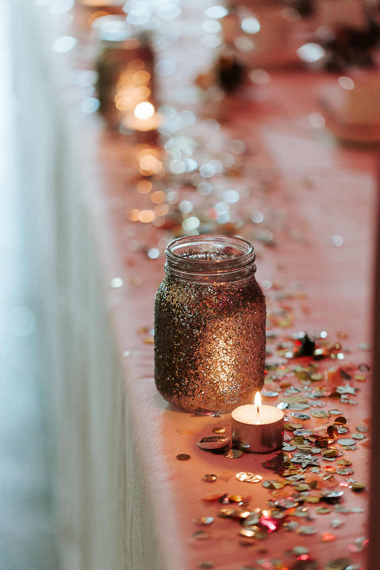 Glitter Tealights Candles Jars Decor Pink Sequin Fun Quirky | Glitter Dinosaurs City Wedding https://struvephotography.co.uk/