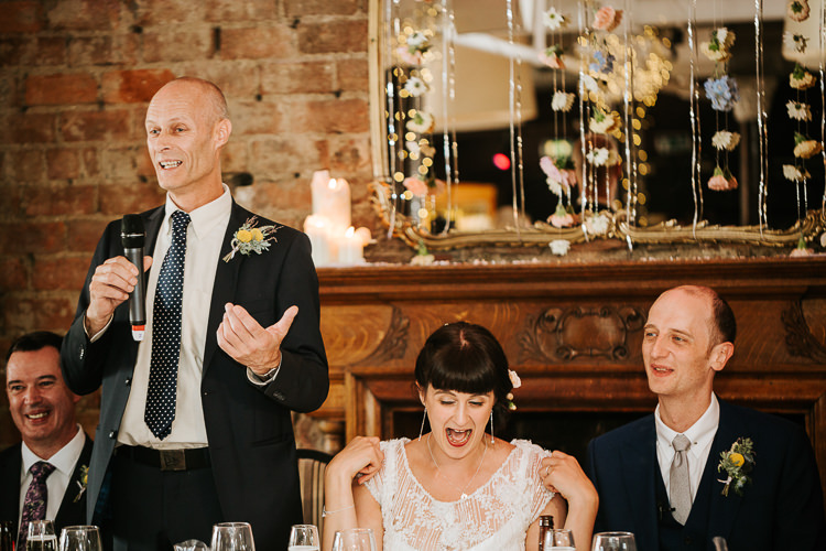 Father Speeches Fun Floral Curtain Bride Groom Laughter | Glitter Dinosaurs City Wedding https://struvephotography.co.uk/