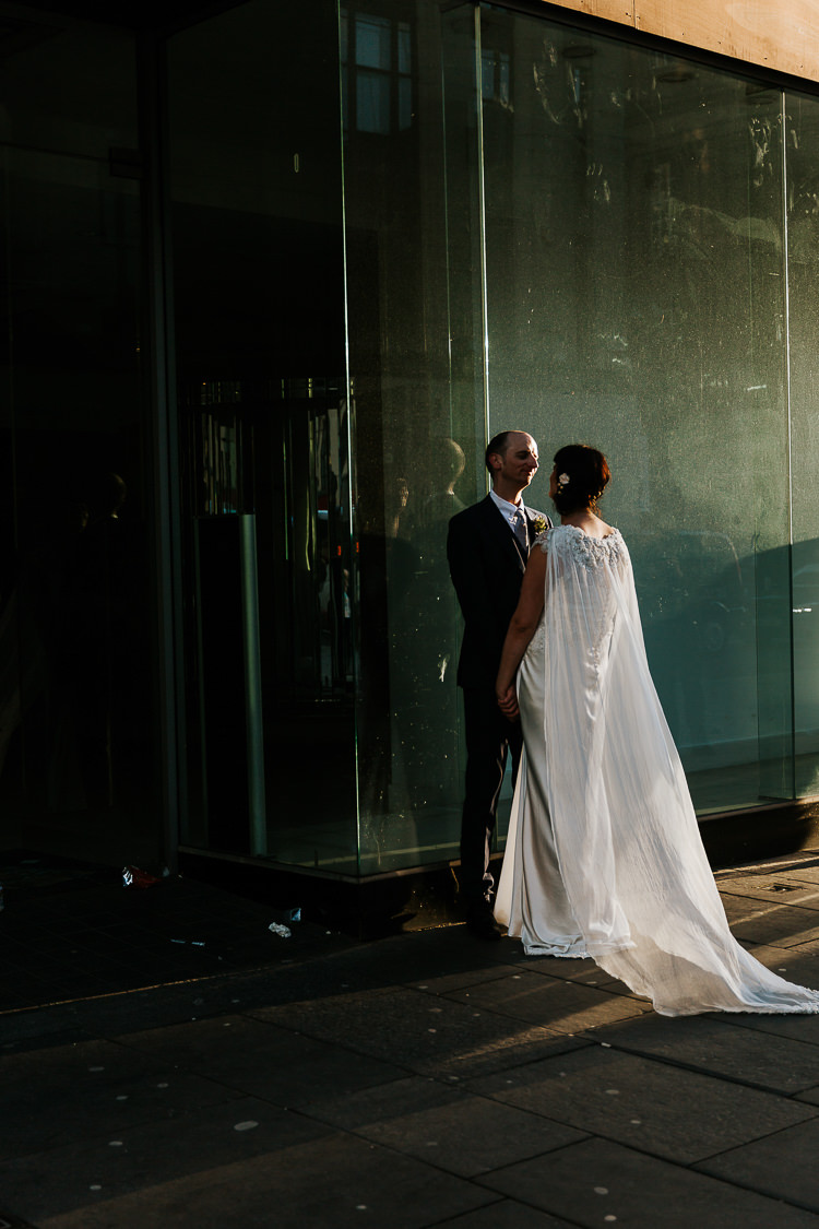 Glasgow Scotland Street Bride Groom Photos Cape Dress | Glitter Dinosaurs City Wedding https://struvephotography.co.uk/
