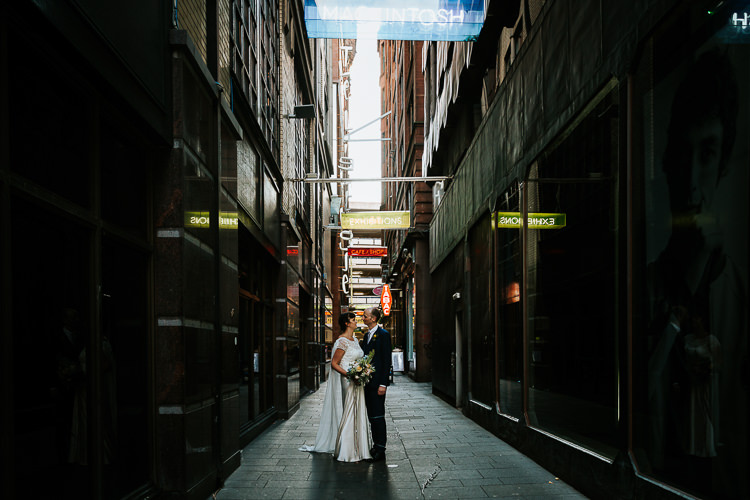 Bride Groom Walk City Street Photography Glasgow Scotland Alley | Glitter Dinosaurs City Wedding https://struvephotography.co.uk/