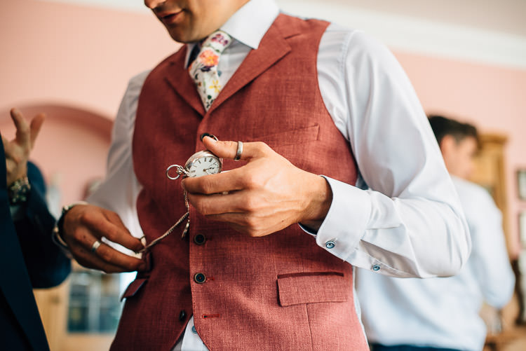 Red Waistcoat Groom Floral Tie Festival Bohemian Glamping Wedding https://theshannons.photography/