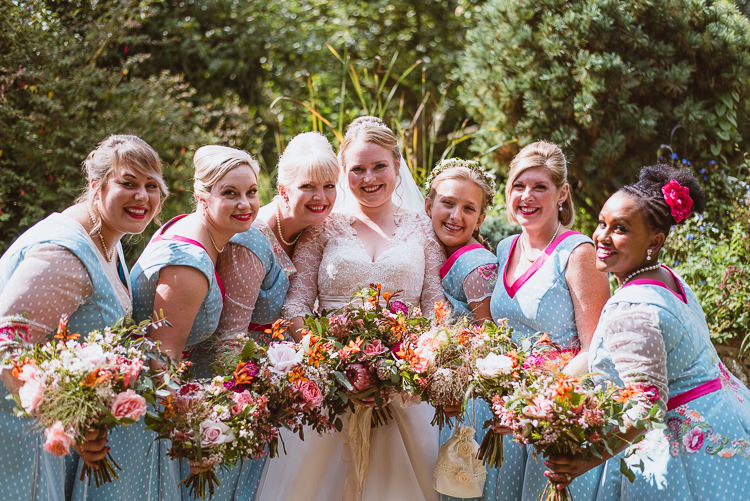 Bride Bridal Maggie Sottero Sleeves Sweetheart Neckline Bouquet Silk Ribbon Bespoke Bridesmaids Tea Length Blue Pink Polka Dot 50s Vogue Pattern Rockabilly Colourful Creative Vintage Railway Wedding http://joemallenphotography.co.uk/