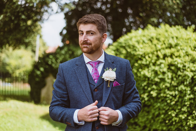 Groom Style Blue Tweed Suit Pink Tie Pocket Square Three Piece Waistcoat Colourful Creative Vintage Railway Wedding http://joemallenphotography.co.uk/
