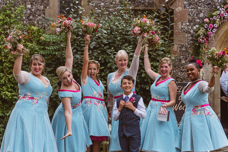 Bespoke Bridesmaids Rockabilly 1950s 50s Tea Length Vogue Pattern Dress Pink Blue Bouquet Page Boy Waistcoat Colourful Creative Vintage Railway Wedding http://joemallenphotography.co.uk/