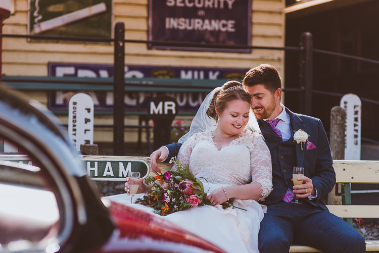 Groom Style Blue Tweed Suit Pink Tie Pocket Square Three Piece Waistcoat Bride Bridal Maggie Sottero Sleeves Sweetheart Neckline Bouquet Silk Ribbon Veil Colourful Creative Vintage Railway Wedding http://joemallenphotography.co.uk/