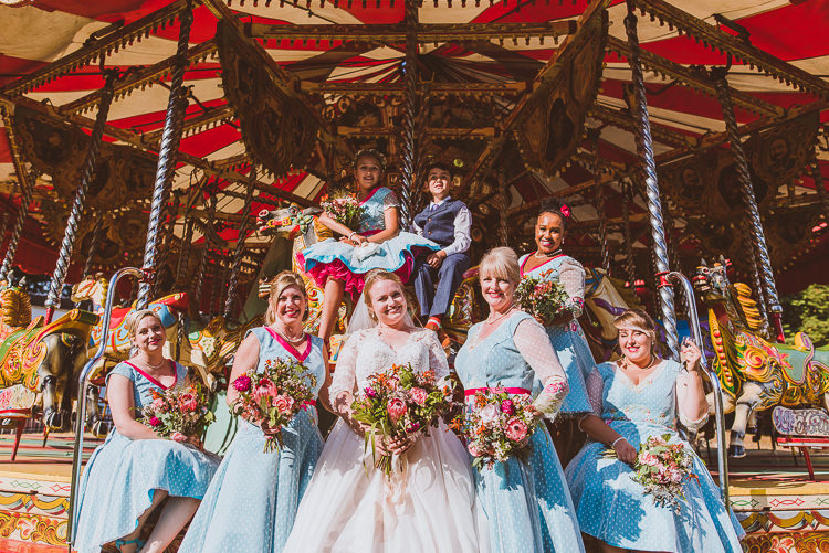 Bride Bridesmaids bridal 1950s Rockabilly Vogue Pattern Tea Length Dress Gown Maggie Sottero Sweetheart Neckline Sleeves Bouquet Carousel Colourful Creative Vintage Railway Wedding http://joemallenphotography.co.uk/