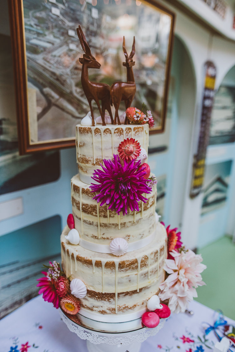 Semi Naked Cake Drip Buttercream Flower South Africa Springbok Topper Macaron Meringues Colourful Creative Vintage Railway Wedding http://joemallenphotography.co.uk/