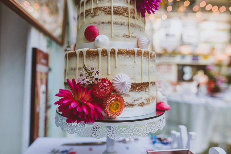 Semi Naked Cake Drip Flower Floral Meringue Kiss Stand Colourful Creative Vintage Railway Wedding http://joemallenphotography.co.uk/