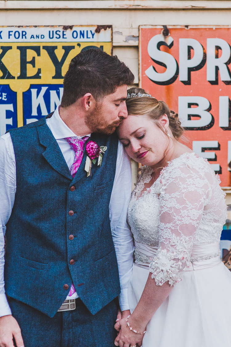 Groom Style Blue Tweed Suit Pink Tie Pocket Square Three Piece Waistcoat Bride Bridal Maggie Sottero Sleeves Sweetheart Neckline Bouquet Silk Ribbon Colourful Creative Vintage Railway Wedding http://joemallenphotography.co.uk/