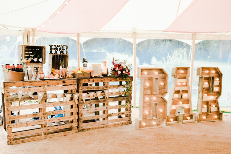 Rustic Wooden Bar Lights Letters Outdoorsy Late Summer Marquee Wedding Ideas http://www.esmefletcher.com/