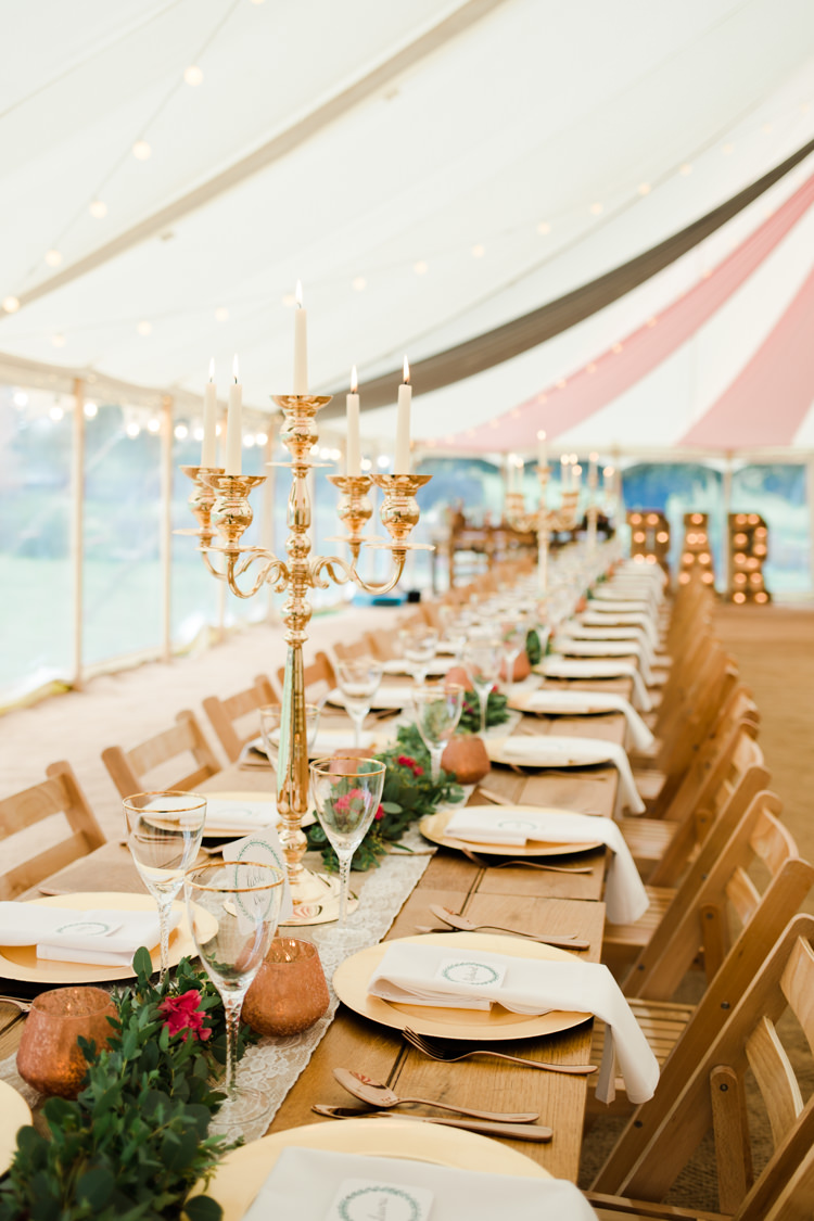 Red Gold Decor Tables Candelabras Outdoorsy Late Summer Marquee Wedding Ideas http://www.esmefletcher.com/