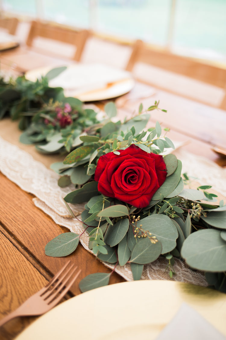 Garland Swag Centrepiece Runner Greenery Foliage Red Rose Outdoorsy Late Summer Marquee Wedding Ideas http://www.esmefletcher.com/