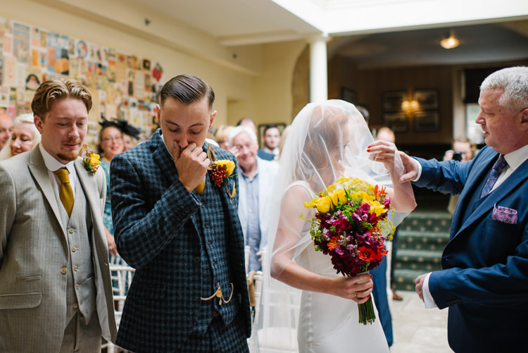 Groom Style Harris Tweed Three Piece Waistcoat Blue Mustard Bride Bridal Ghost Dress Gown Veil Silk Homemade Street Party Back Garden Wedding http://www.foxmoonphotography.com/