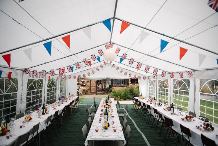 Wartime Union Jack Bunting Afternoon Tea Marquee Homemade Street Party Back Garden Wedding http://www.foxmoonphotography.com/