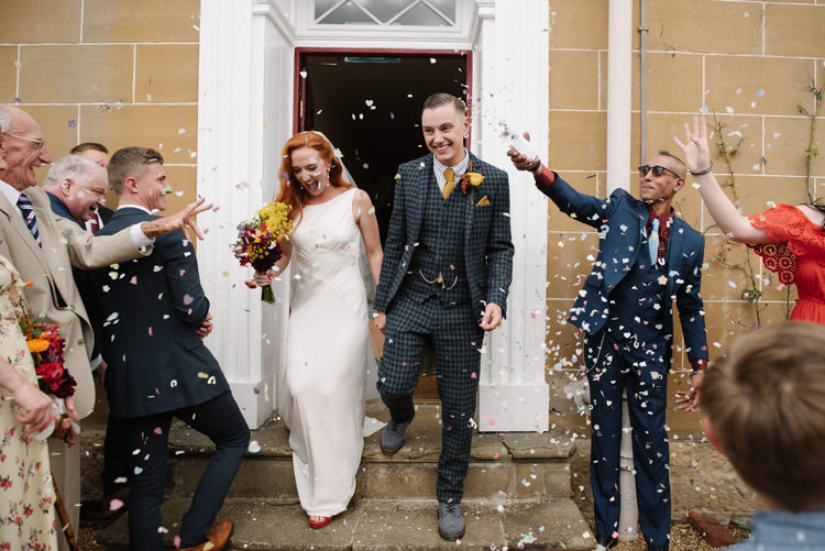 Groom Style Harris Tweed Three Piece Waistcoat Blue Mustard Bride Bridal Ghost Dress Gown Veil Silk Confetti Shot Homemade Street Party Back Garden Wedding http://www.foxmoonphotography.com/