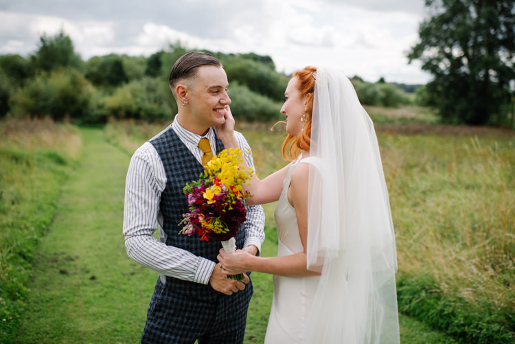 Groom Style Harris Tweed Three Piece Waistcoat Blue Mustard Bride Bridal Ghost Dress Gown Veil Silk Wildflower Bouquet Homemade Street Party Back Garden Wedding http://www.foxmoonphotography.com/