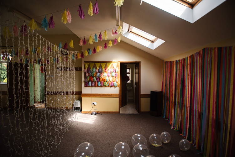 Village Hall Streamers Pea Light Curtain Fairy Pom Poms Balloons Homemade Street Party Back Garden Wedding http://www.foxmoonphotography.com/