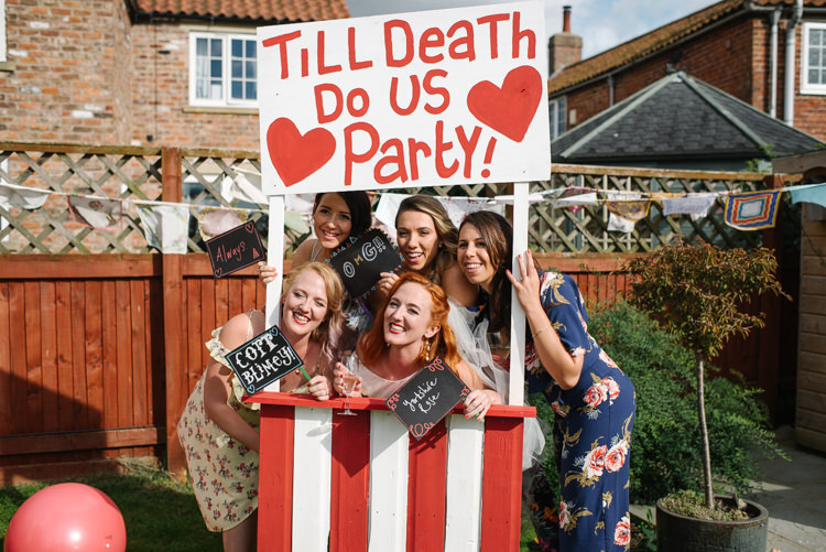 'Til Death Do Us Party Photo Booth Stripy Painted Homemade Street Party Back Garden Wedding http://www.foxmoonphotography.com/