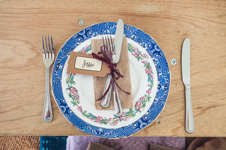 Table Setting Vintage Mismatched Crockery Luggage Table Place Card Ribbon Indie Back Garden Bespoke Party Wedding https://www.babbphoto.com/