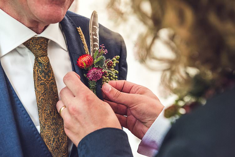 Groom Style Buttonhole Wheat Feather Wax Flower Paisley Tie Indie Back Garden Bespoke Party Wedding https://www.babbphoto.com/