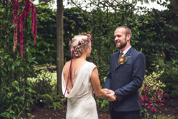 Bride Bridal Dress Gown Ghost Bias Flower Floral Crown Pink Groom Navy Blue Three Piece Paisley Tie Indie Back Garden Bespoke Party Wedding https://www.babbphoto.com/