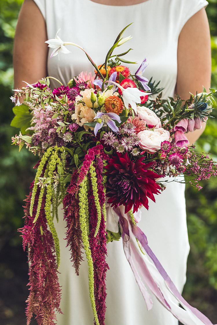 Bride Bridal Bouquet Ribbon Foxglove Thistle Dahlia Indie Back Garden Bespoke Party Wedding https://www.babbphoto.com/