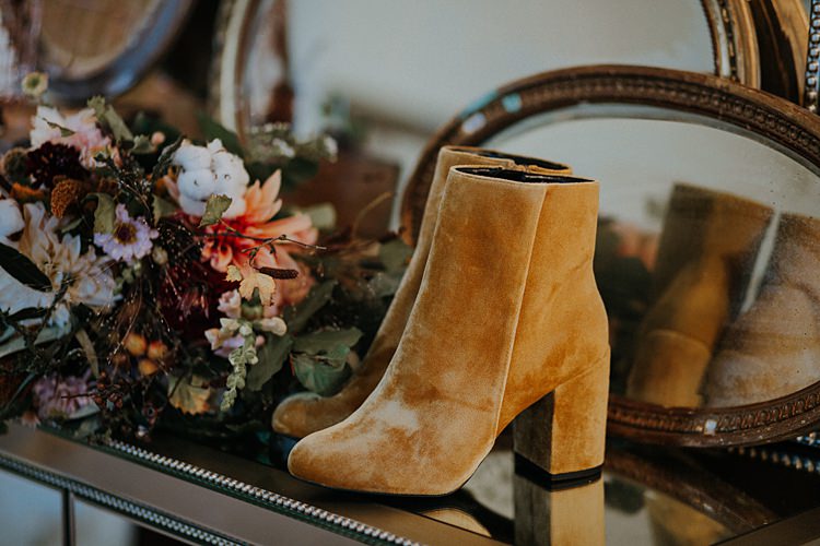 Mustard Block Heel Ankle Boots Bride Bridal Banquets Bonfires Autumn Wedding Ideas https://lolarosephotography.com/