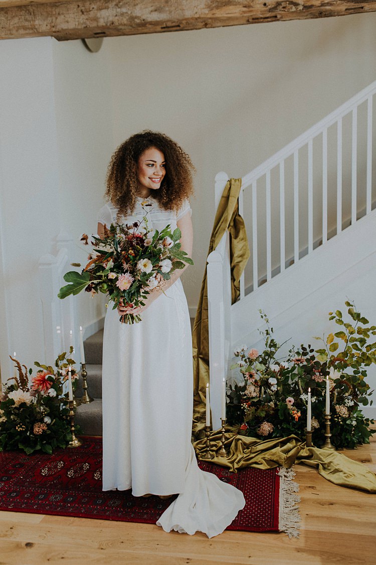 Bride Bridal Dress Gown Flowers Staircase Banquets Bonfires Autumn Wedding Ideas https://lolarosephotography.com/